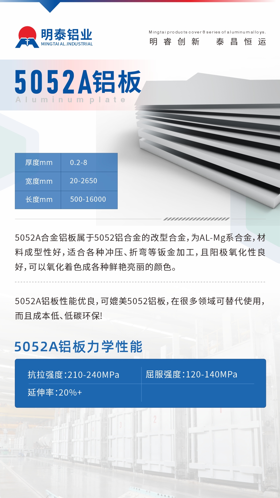 5052A合金鋁板屬于5052鋁合金的改型合金，為AL-Mg系合金，材料成型性好，適合各種沖壓、折彎等鈑金加工，且陽極氧化性良好，可以氧化著色成各種鮮艷亮麗的顏色。5052A鋁板性能優(yōu)良，可媲美5052鋁板，在很多領(lǐng)域可替代使用，而且成本低、低碳環(huán)保!5052A鋁板力學(xué)性能抗拉強(qiáng)度：210-240MPa屈服強(qiáng)度：120-140MPa延伸率：20%+