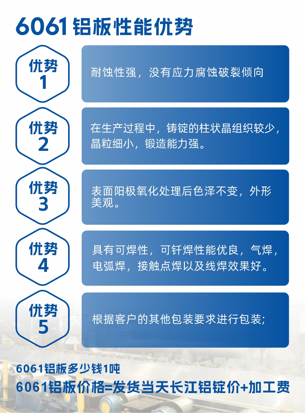 明泰鋁業(yè)6061鋁板性能優(yōu)勢

　　1、耐蝕性強，沒有應(yīng)力腐蝕破裂傾向。

　　2、在生產(chǎn)過程中，鑄錠的柱狀晶組織較少，晶粒細(xì)小，鍛造能力強。

　　3、表面陽極氧化處理后色澤不變，外形美觀。

4、具有可焊性，可釬焊性能優(yōu)良，氣焊，電弧焊，接觸點焊以及線焊效果好。