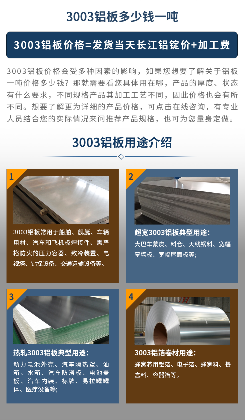 3003鋁板用途介紹
　　3003鋁板常用于船舶、艦艇、車輛用材、汽車和飛機板焊接件、需嚴格防火的壓力容器、致冷裝置、電視塔、鉆探設(shè)備、交通運輸設(shè)備等。超寬3003鋁板典型用途：大巴車蒙皮、料倉、天線鍋料、寬幅幕墻板、寬幅屋面板等;熱軋3003鋁板典型用途：動力電池外殼、汽車隔熱罩、油箱、水箱、汽車防滑板、電池蓋板、汽車內(nèi)裝、標牌、易拉罐罐體、醫(yī)療設(shè)備等;3003鋁箔卷材用途： 蜂窩芯用鋁箔、電子箔、蜂窩料、餐盒料、容器箔等。