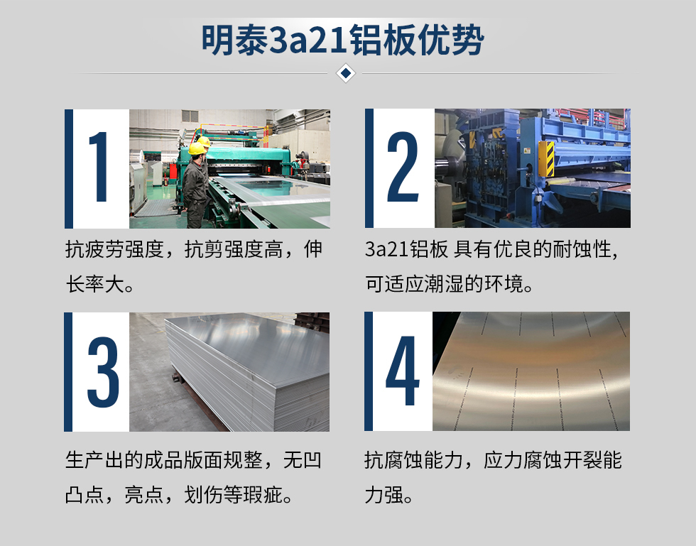 明泰3a21鋁板優(yōu)勢(shì)
　　1、抗疲勞強(qiáng)度，抗剪強(qiáng)度高，伸長率大。
　　2、3a21鋁板 具有優(yōu)良的耐蝕性,可適應(yīng)潮濕的環(huán)境。
　　3、 生產(chǎn)出的成品版面規(guī)整，無凹凸點(diǎn)，亮點(diǎn)，劃傷等瑕疵。
　　4、抗腐蝕能力，應(yīng)力腐蝕開裂能力強(qiáng)。